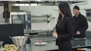 Sexy thong clad Latina getting shagged in a restaurant kitchen