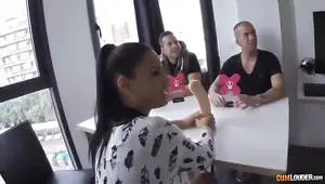 Arousing Spanish cumslut getting nailed by two hot hunks