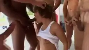 Short haired slut's holes tested during daunting gangbang