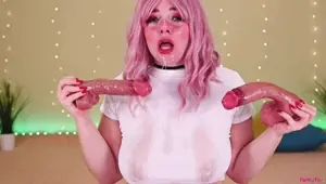 Two big dildos fuck deep that throat Double blowjob a wet white t shirt