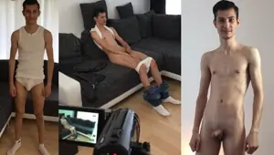 18 year old slim hairless refugee at the German casting interview with small penis and white socks