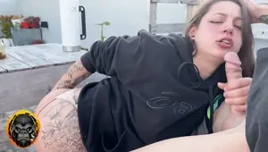 Careful! The neighbors might be watching us. she s blowing me on the terrace CREAMPIE