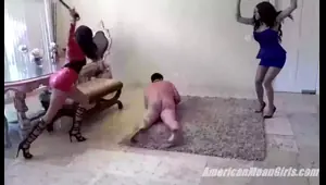 fat asian guy getting beat by two women