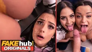 Fakehub Cum in panties and dripping onto college girls face ends in threesome in study room and a squirting orgasm