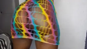 Big ebony milf shows bug oiled ass in rainbow lingerie