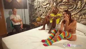 He can't resist watching his wife being fucked and leaves the room!