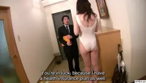 Pale and leggy Japanese MILF needy for love answers the door to greet an insurance salesman while wearing a tiny leotard