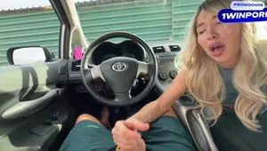 blonde jerks off and sucks my dick. while her boyfriend is in the shop