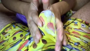 over the pants handjob, cum through boxers underwear