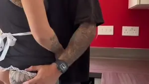 Slutty tattooed maid squirts in kitchen fuck
