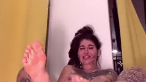 Creamy pussy explosively squirts to the point of trembling and collapse, lying in a puddle of squirt