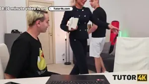 TUTOR . MILF tutor in stockings got so mad and then so horny so she tried 2 dicks at the same time