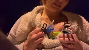 Outdoor tits BDSM with clothespins and a car passing by