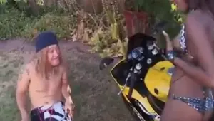 Sexy Black Bitch Gets Fucked On A Bike by white guy