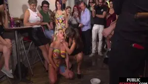 PUBLIC DISGRACE Public slut drinks piss and cum in front of voyeurs