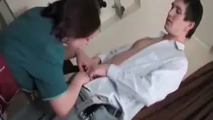 Mature maid sucks on younger cock