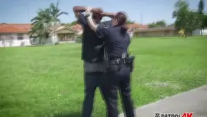 Horny blonde cop loves sucking a big black cock even she can do a deep throat and makes her mad