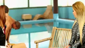 ELEGANT RAW CFNM glam babes share dick next to pool