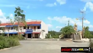 Teen Asian whore gets her hairy beaver drilled and slammed by a caucasian big cock in a hotel room