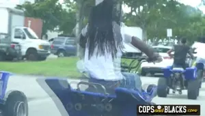 Fat white asses bounce from a big black cock during a police operation at the hood with two hot cops