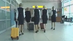 Busty stewardess public handjob in the bus snake