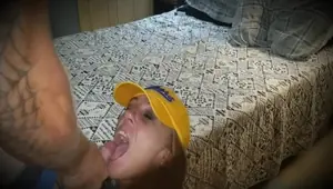 she swallows a huge thick cum load after watching him jerk his dick