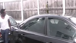 BUSTY WORK BBW in fishnets swallows big black cock