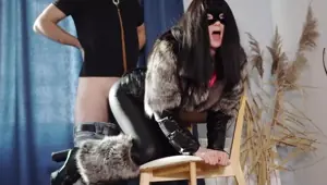 Sexy kitty plays with her sex slave. Femdom in fursuit. Furry fuck. Mistress in fur coat got fucked