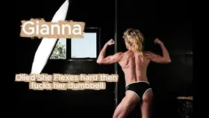 Muscle Goddess Oiled, Flex and Fucks Dumbell at the End