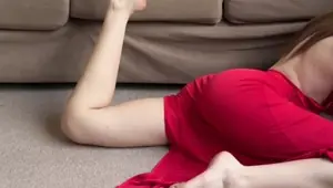 home stretching legs in perfect dress