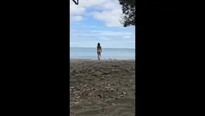 Korean teen walking naked on the beach with perfect tits