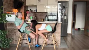 Cheats on her cuckold boyfriend unnoticed in front of him behind the bar 2.40