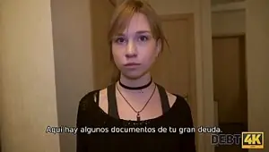 DEBT . Young debtor pays debts with tender mouth and vagina
