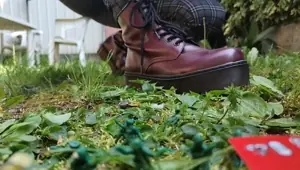 Your giantess crushes shrunken soldiers in the garden with these huge boots